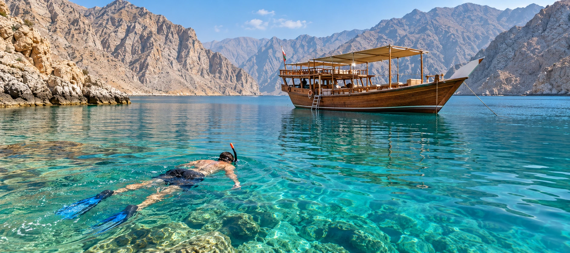 Snorkeller in clear turquoise water beside an anchored dhow in a Musandam fjord