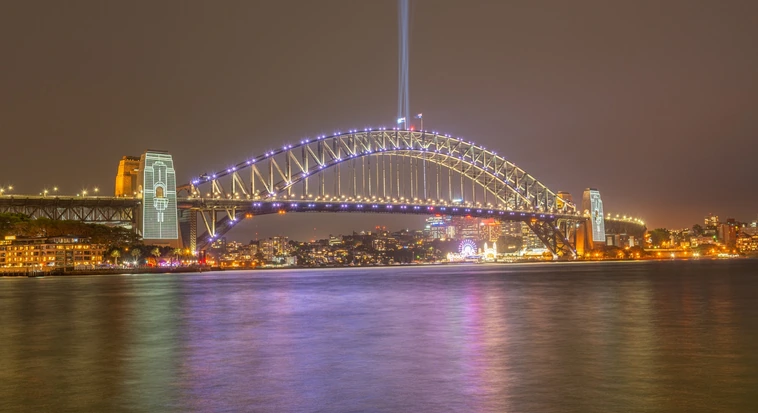 Sydney Harbour Bridge illuminated at night in Australia