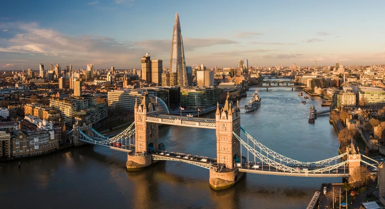 Aerial view of Tower Bridge and the River Thames in London, United Kingdom