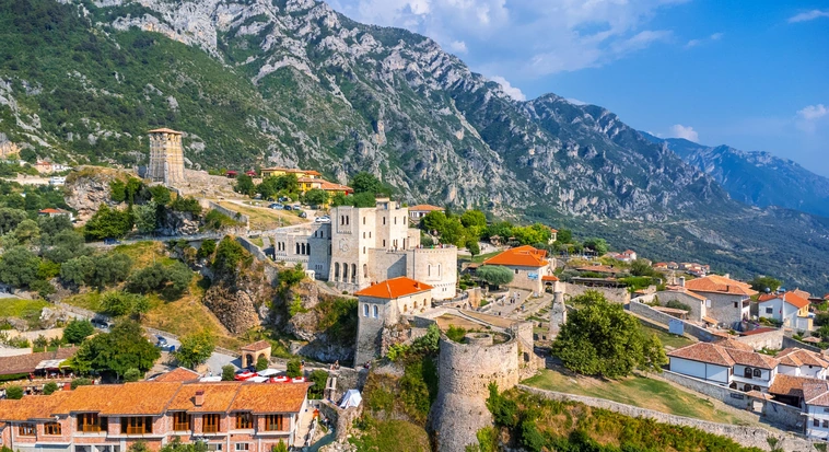 Historic Albanian town and mountain landscape