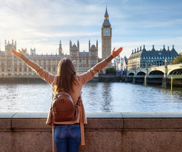 Traveller overlooking Big Ben and the Houses of Parliament during a London holiday from Dubai