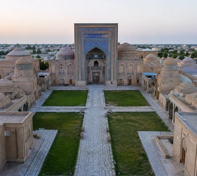 Historic madrasa courtyard and tiled portal in Bukhara, Uzbekistan