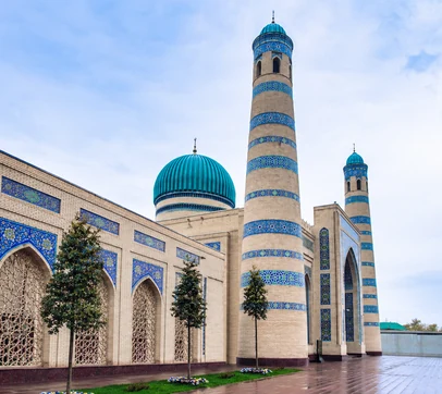 The blue-tiled mosque and minarets of the Hast Imam complex in Tashkent, Uzbekistan