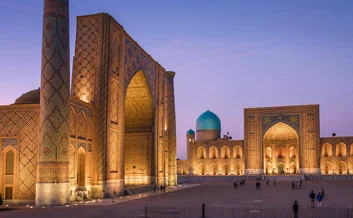 The three tiled madrasahs of Registan Square in Samarkand, Uzbekistan
