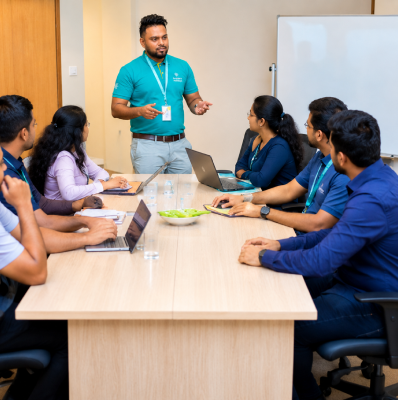 Rikas Hussain briefing the Arabiers visa consultant team in the Colombo office on the latest Sri Lanka, UAE, Europe and UK visa requirements