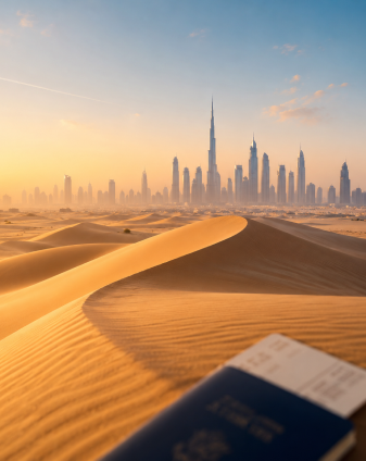 Dubai skyline with the Burj Khalifa rising beyond the desert dunes — the UAE, where Rikas Hussain arranges Dubai and UAE visit visas from Sri Lanka for Arabiers