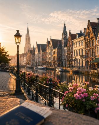 Historic canal houses and a flower-lined waterfront in a European old town — the Schengen destinations Rikas Hussain prepares Europe visa applications for at Arabiers