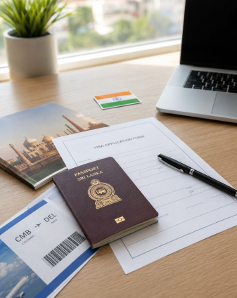 Sri Lankan passport, India visa application form, Indian flag and Colombo to Delhi travel documents on a desk — India Visa from Sri Lanka guide by Rikas Hussain at Arabiers