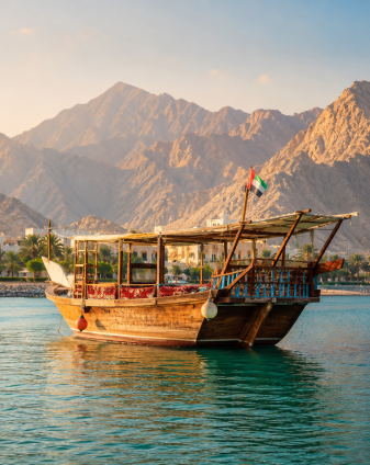 Traditional wooden dhow flying the UAE flag on the turquoise waters of Musandam — part of the Gulf region Rikas Hussain arranges UAE visas for at Arabiers