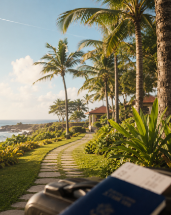 Palm-lined resort garden leading to the sea on the Sri Lankan coast, where Rikas Hussain handles tourist (ETA) and consulate visas for inbound travellers at Arabiers