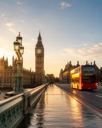 Big Ben and Westminster Bridge in London with a red double-decker bus — the UK, where Rikas Hussain handles UK visit visa applications from Sri Lanka at Arabiers