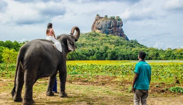 Traveller exploring Sri Lanka with Sigiriya Rock and an elephant during a private Sri Lanka holiday package